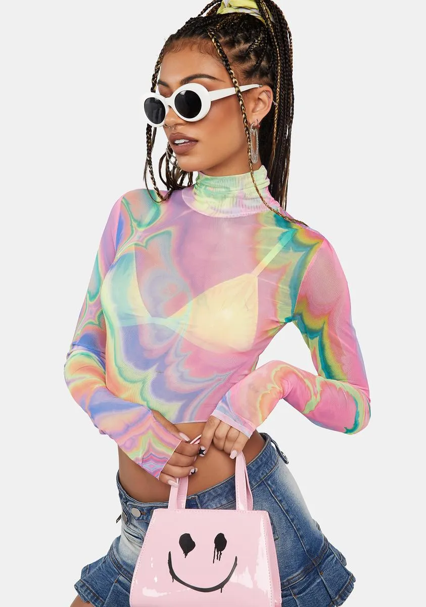 Abstract Multi Marble Micaela Long Sleeve Mesh Top