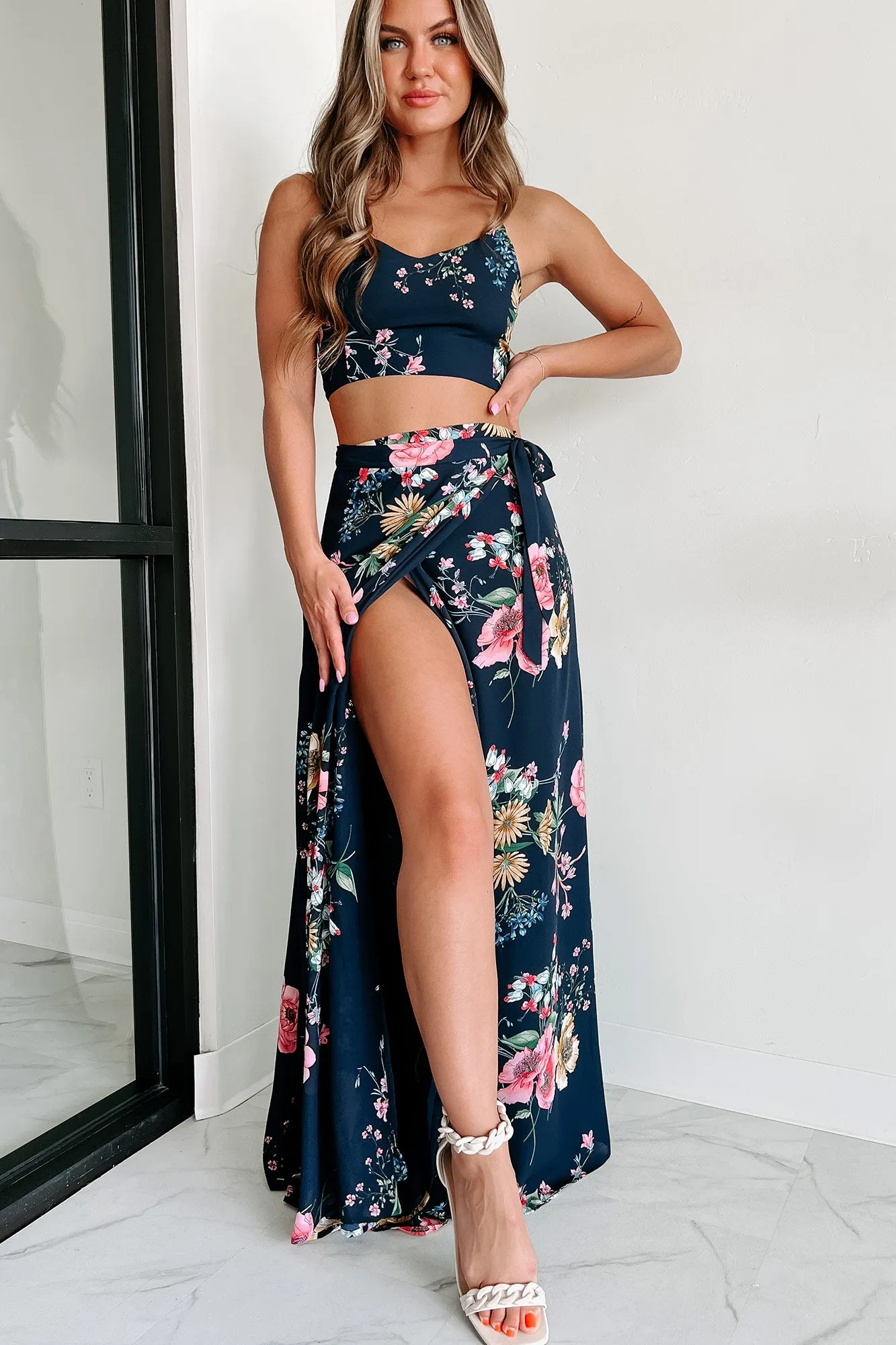 Annalise Floral Crop Top & Wrap Skirt Set (Navy Multi)