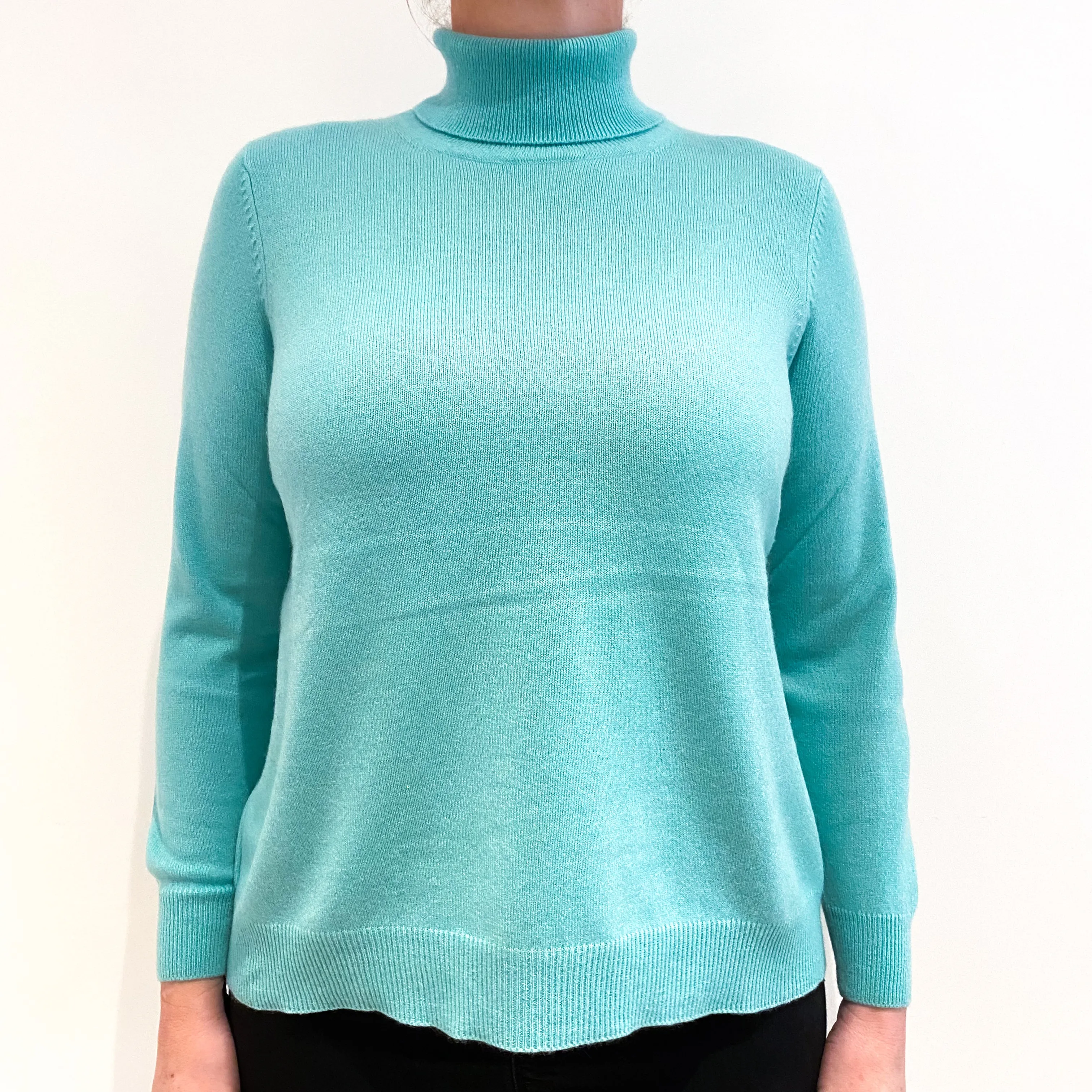 Aqua Green Cashmere Polo Neck Jumper Large