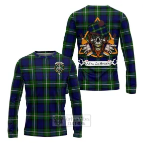 Bannerman Tartan Long Sleeve T-Shirt with Family Crest and Bearded Skull Holding Bottles of Whiskey