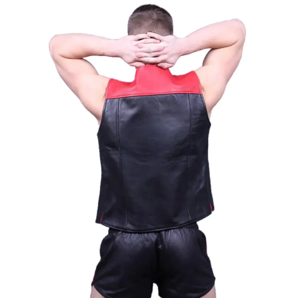 Black Gay Leather Zipper Vest With Red Panels