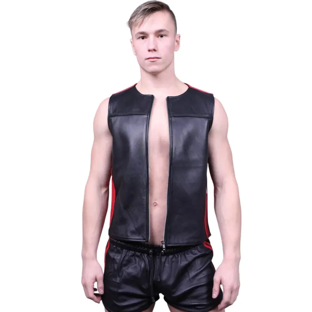 Black Gay Leather Zipper Vest With Red Panels