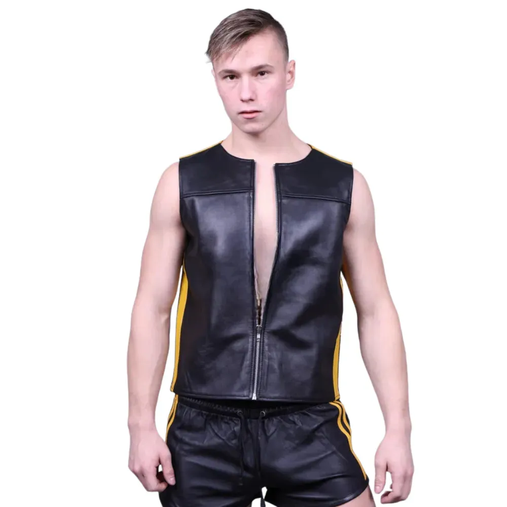 Black Gay Leather Zipper Vest With Yellow Panels