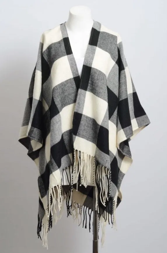 Black Ivory Buffalo Plaid Check Checkered Poncho Ruana Fringe Wrap - One Size