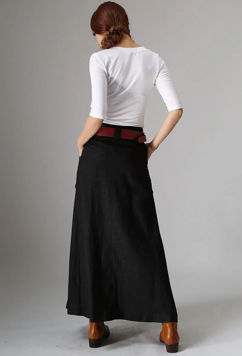 Black linen  maxi skirt with Big Pocket Detail 0979#