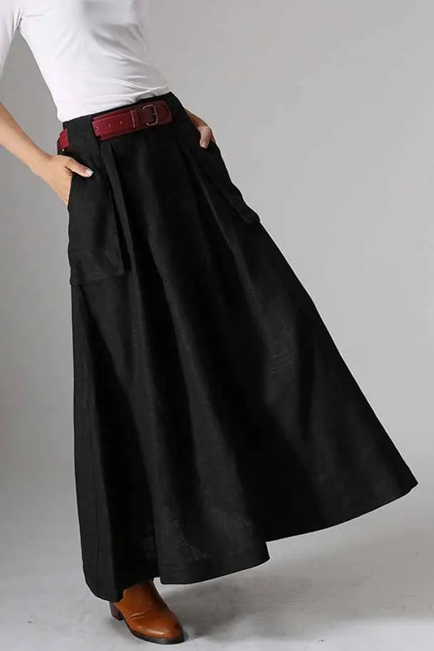 Black linen  maxi skirt with Big Pocket Detail 0979#