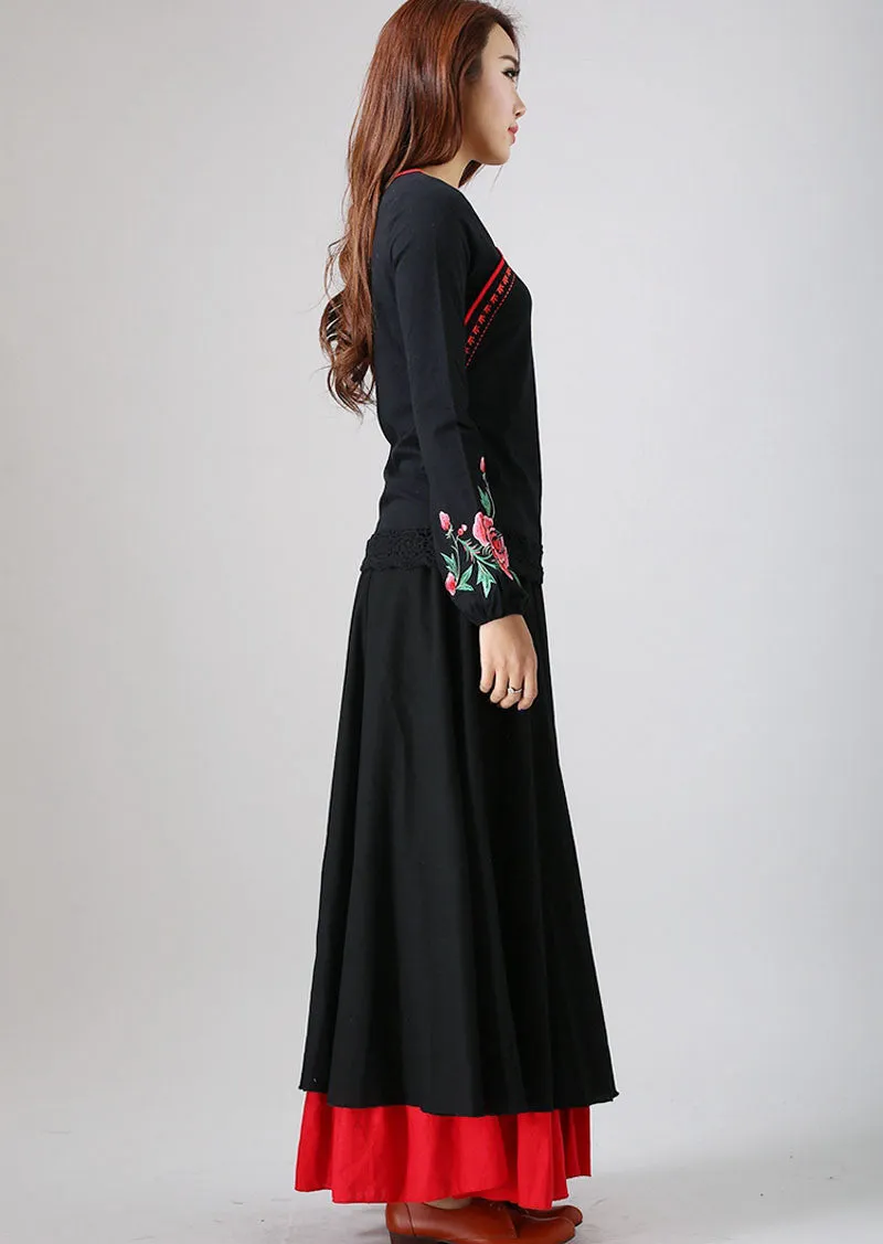 Black maxi skirt with red layerd hem 780#