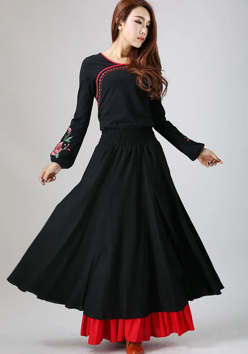 Black maxi skirt with red layerd hem 780#