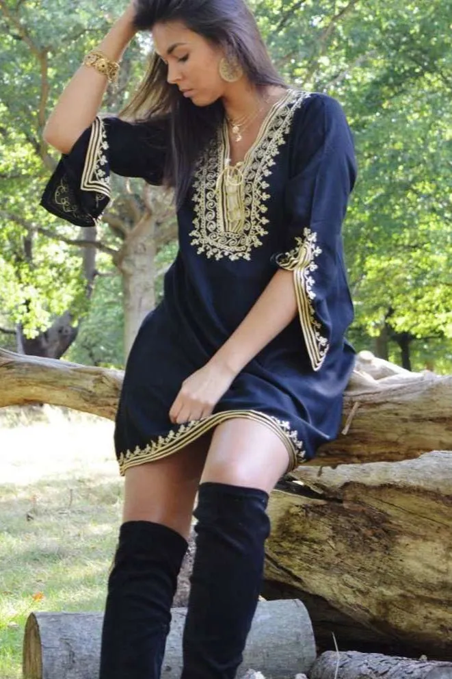 Black with Gold Embroidery Tunic- Autumn Moroccan Boho Tunic