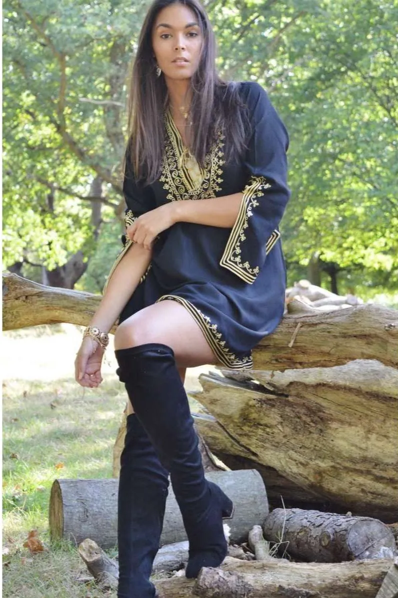 Black with Gold Embroidery Tunic- Autumn Moroccan Boho Tunic