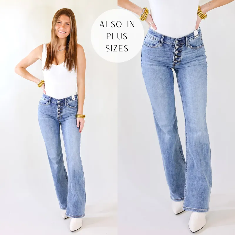 *Blemished* Last Chance Size 0, 22W & 24W | Judy Blue | Venture Out Button Fly Bootcut Jeans in Light-Medium Wash