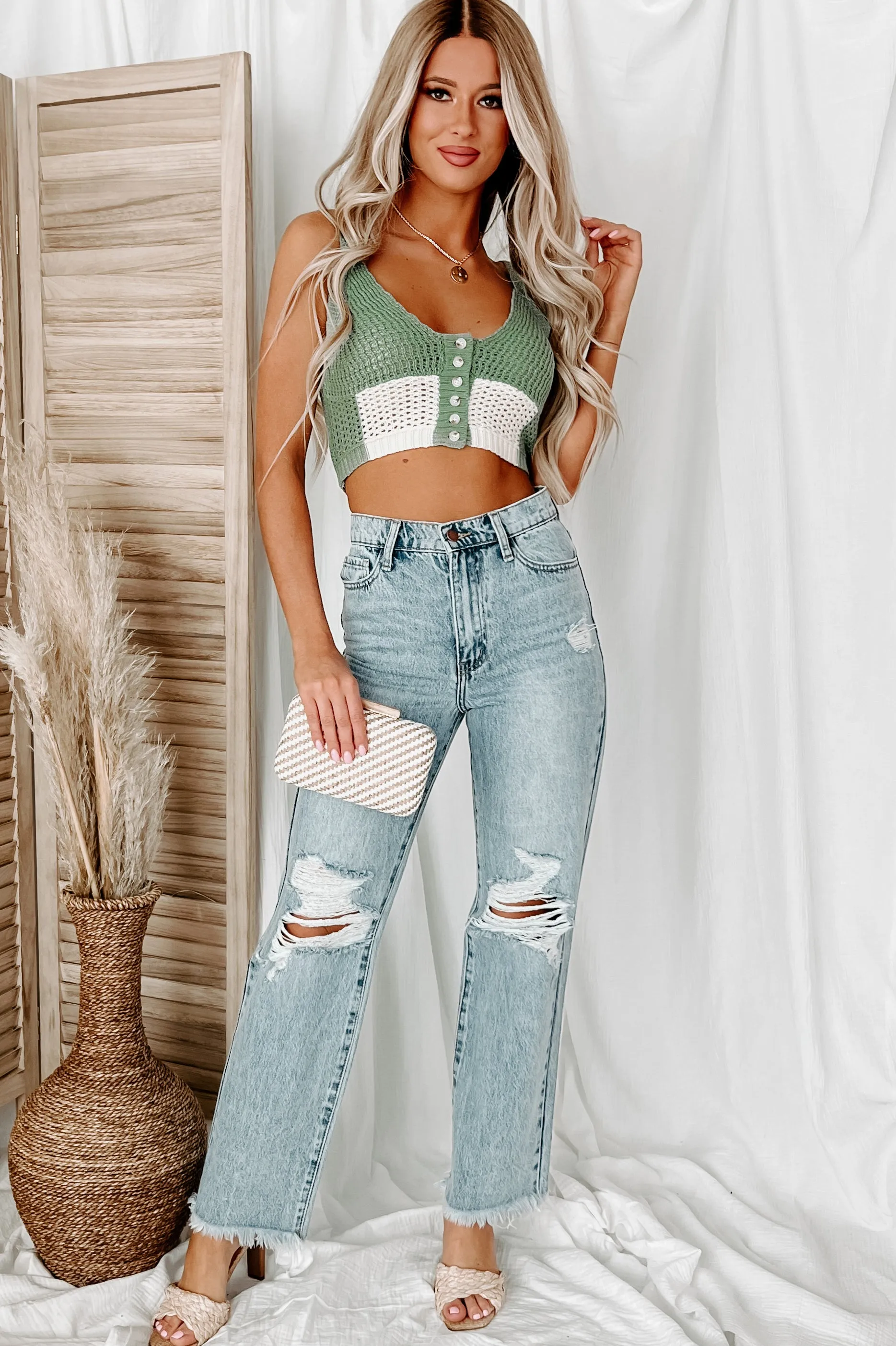 Boho Beauty Colorblock Crochet Crop Top (Sage/Ivory)