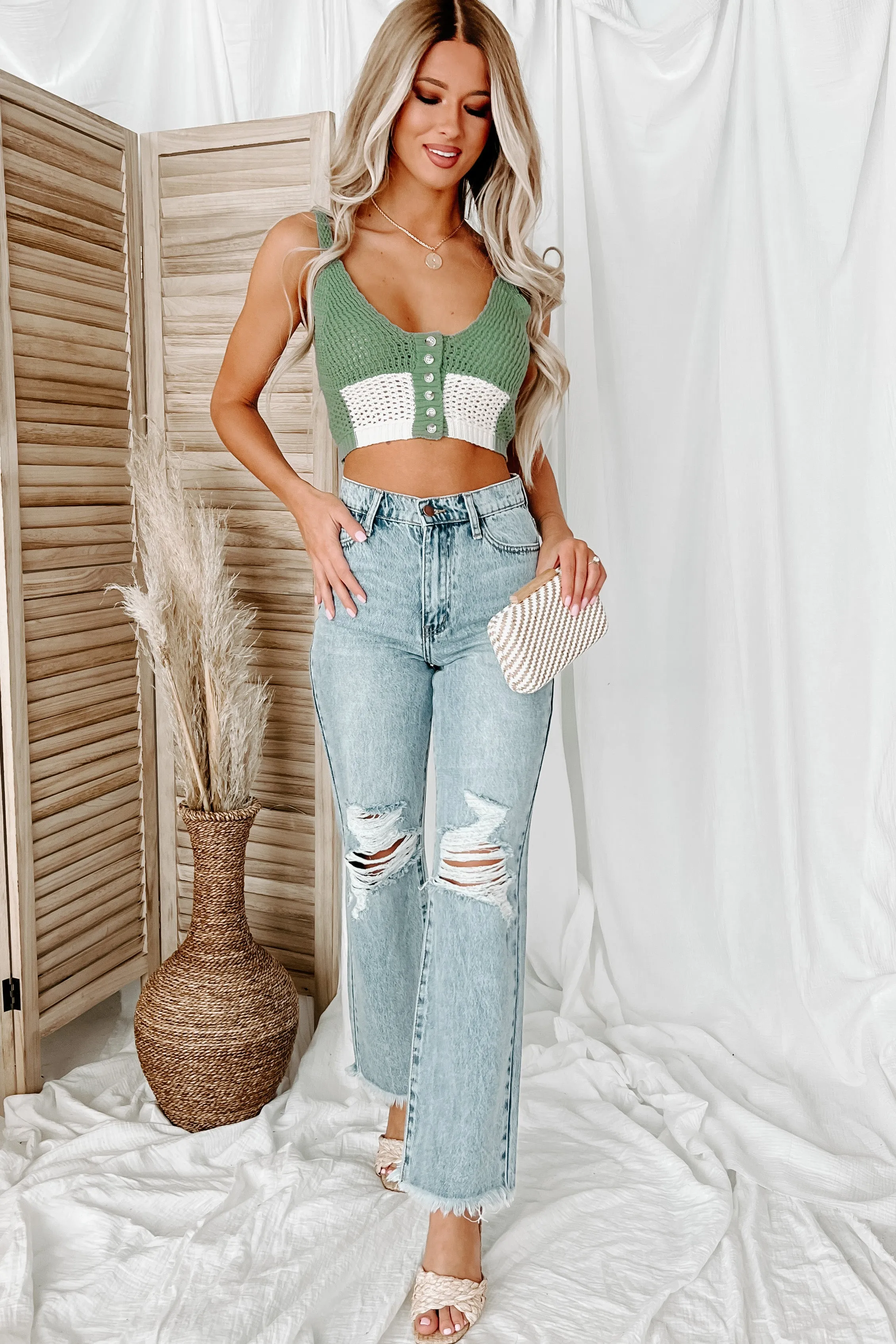 Boho Beauty Colorblock Crochet Crop Top (Sage/Ivory)