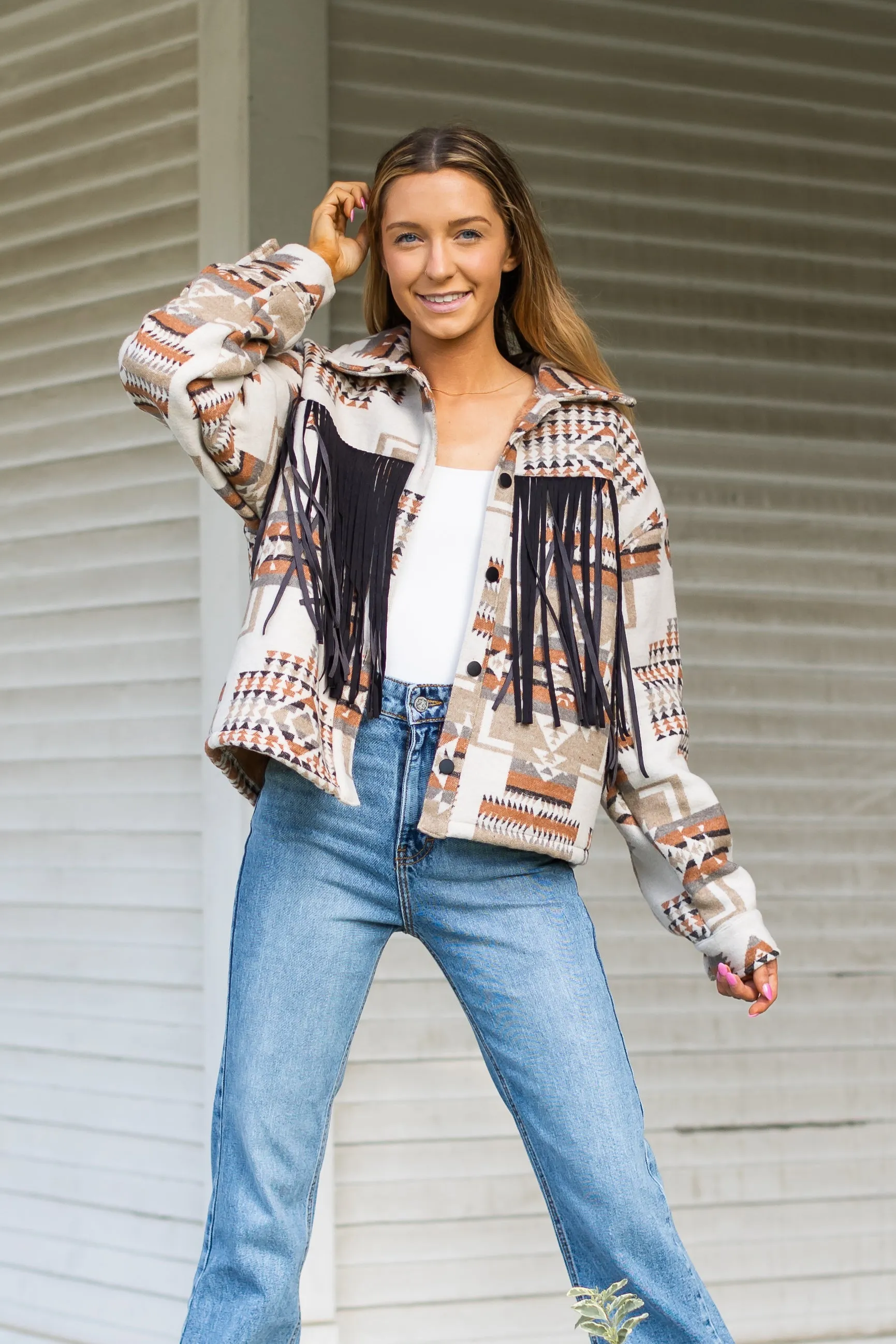 Boho Breeze Aztec Jacket with Fringe