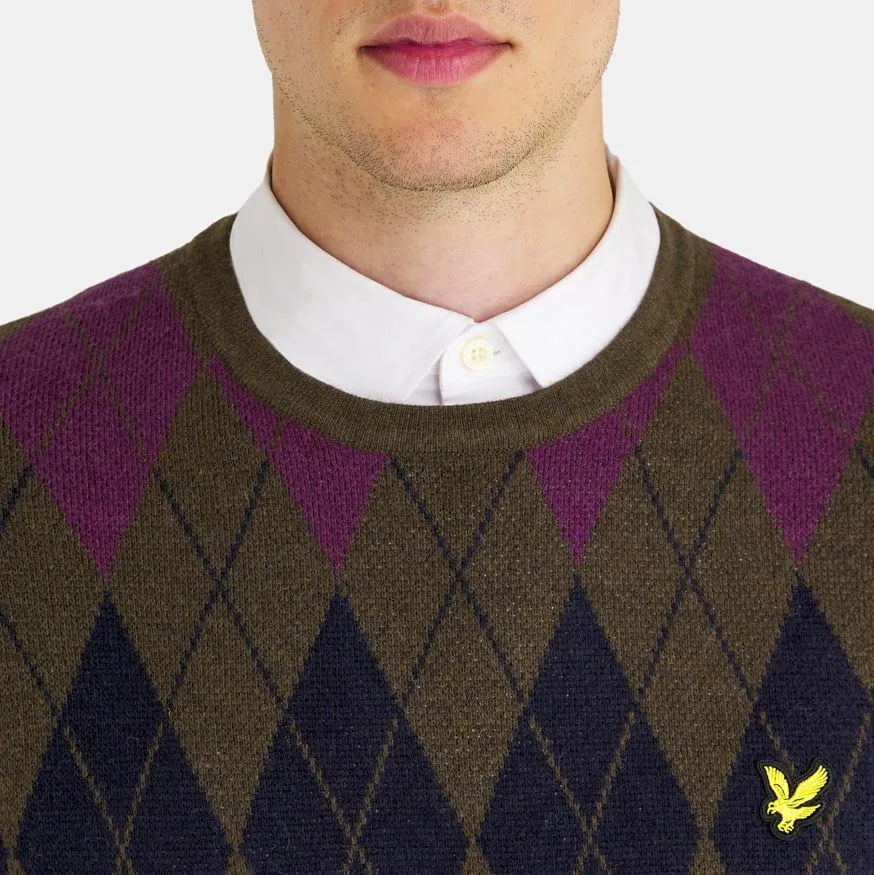 British Argyle Cotton Pique Crew Neck Jumper Olive - AW23