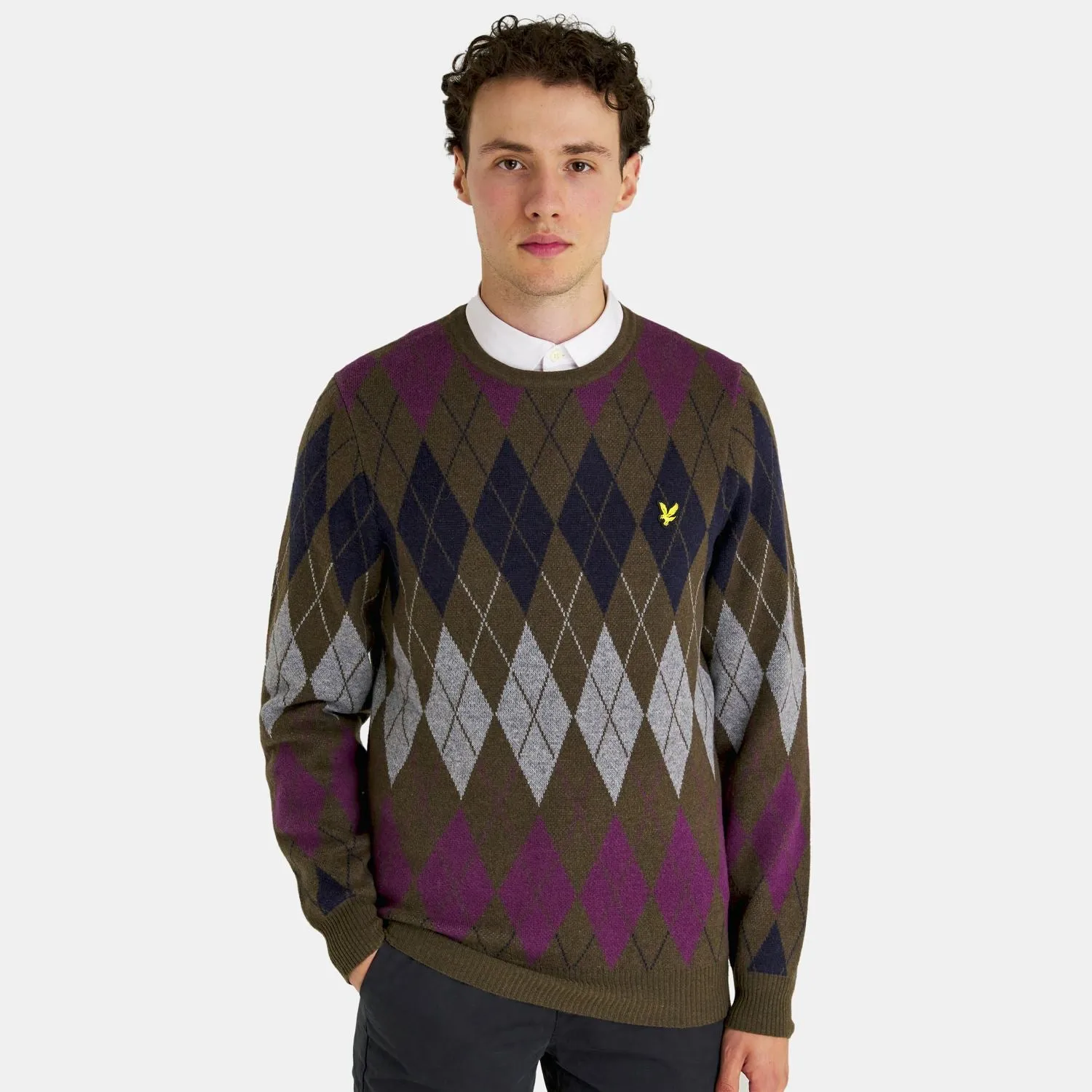 British Argyle Cotton Pique Crew Neck Jumper Olive - AW23