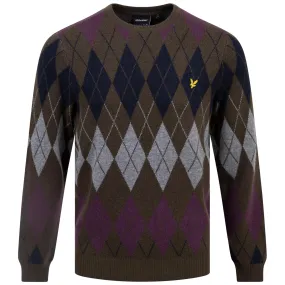 British Argyle Cotton Pique Crew Neck Jumper Olive - AW23