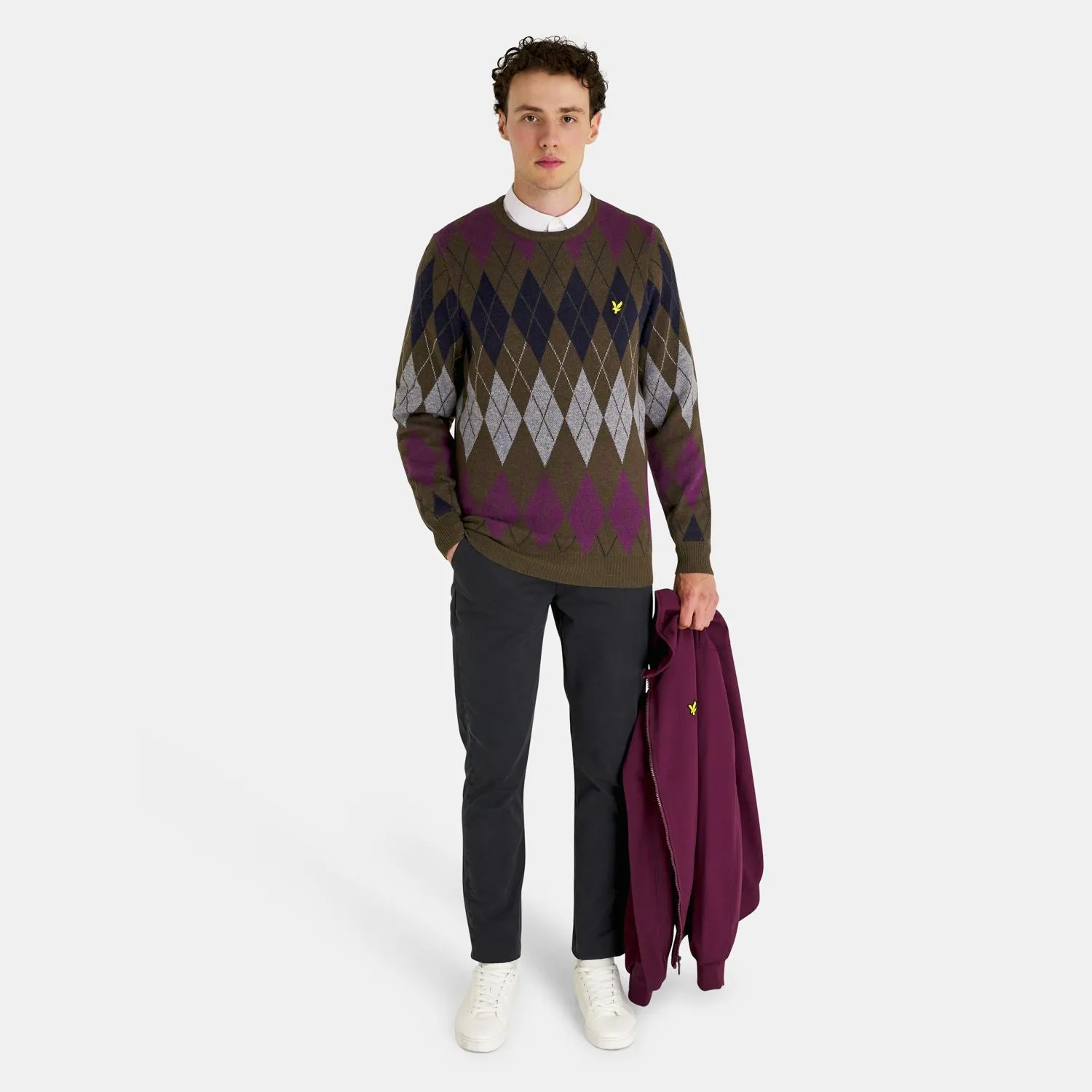 British Argyle Cotton Pique Crew Neck Jumper Olive - AW23