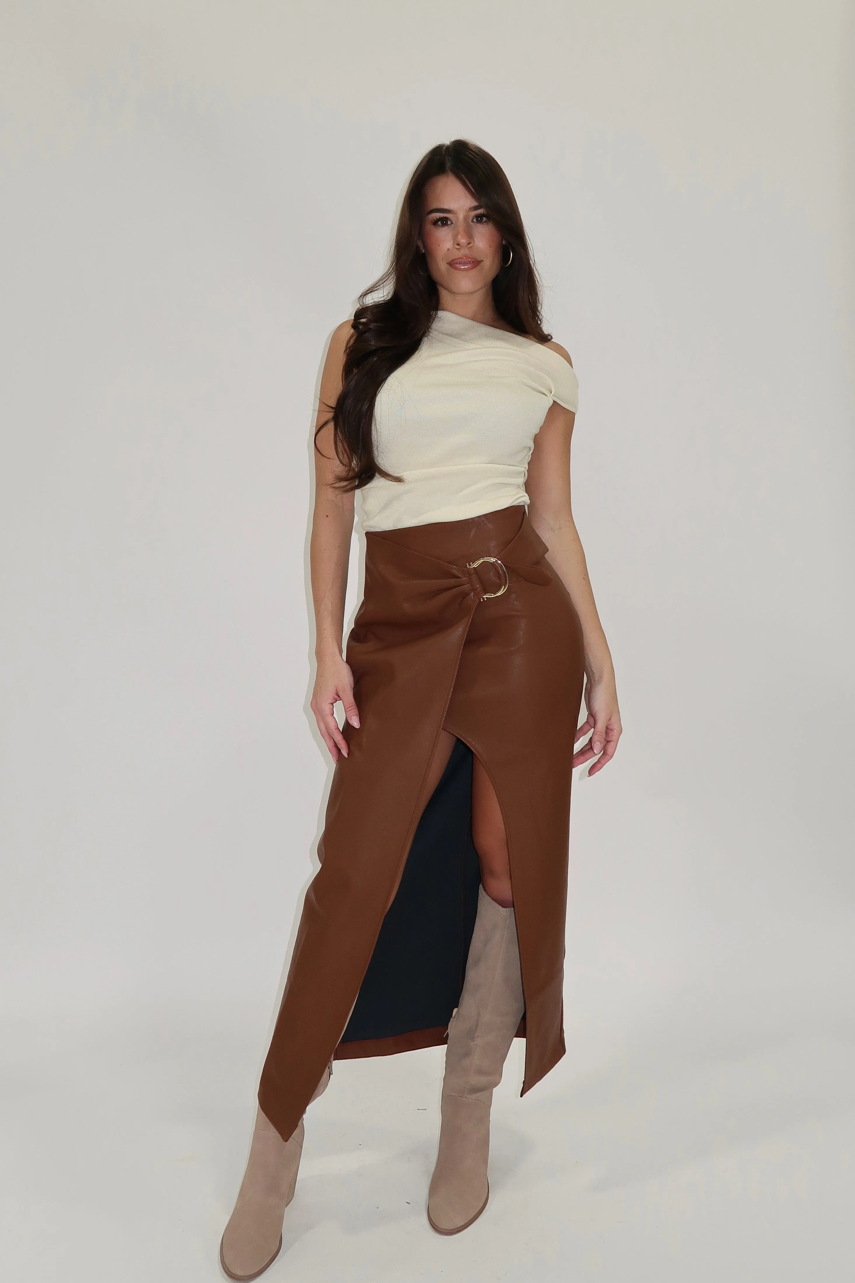 Brown Wrap Front Leather Skirt