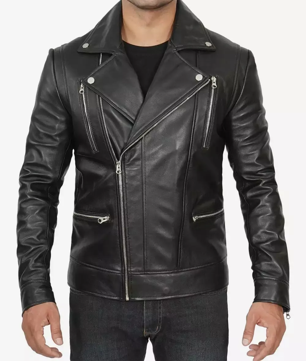 Carter Black Asymmetrical Leather Biker Jacket for Men