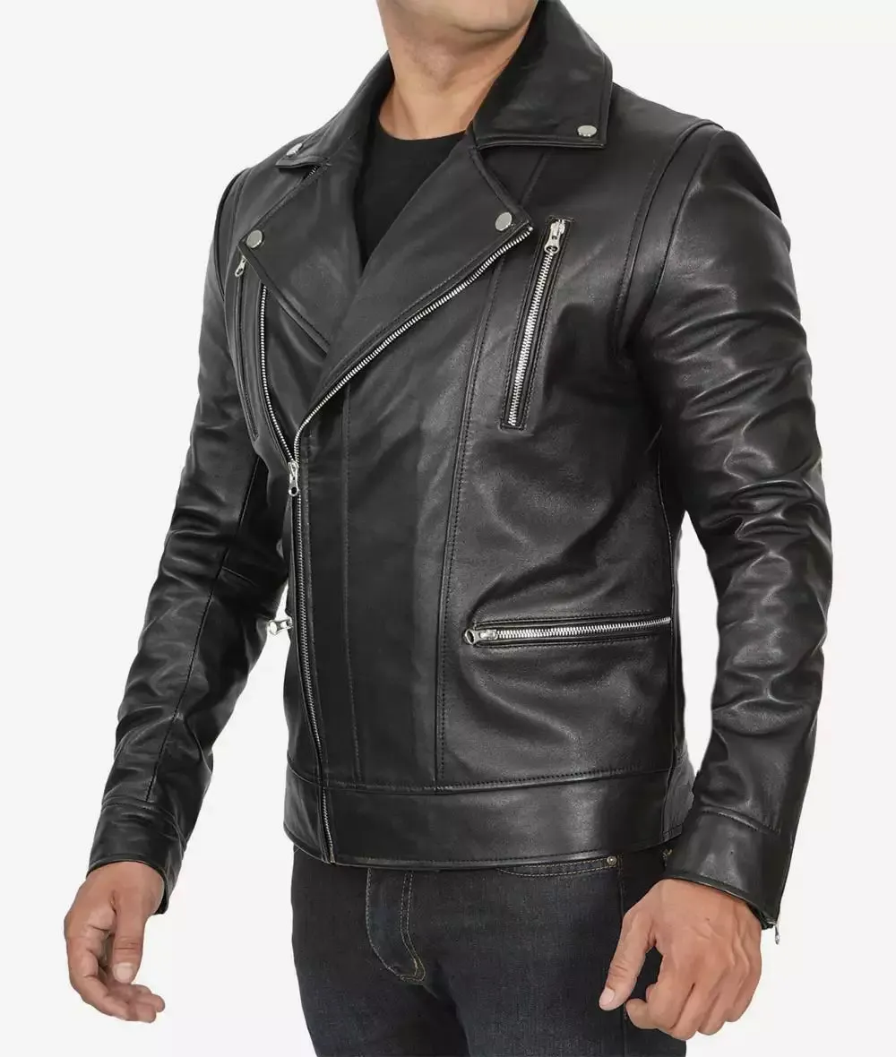 Carter Black Asymmetrical Leather Biker Jacket for Men