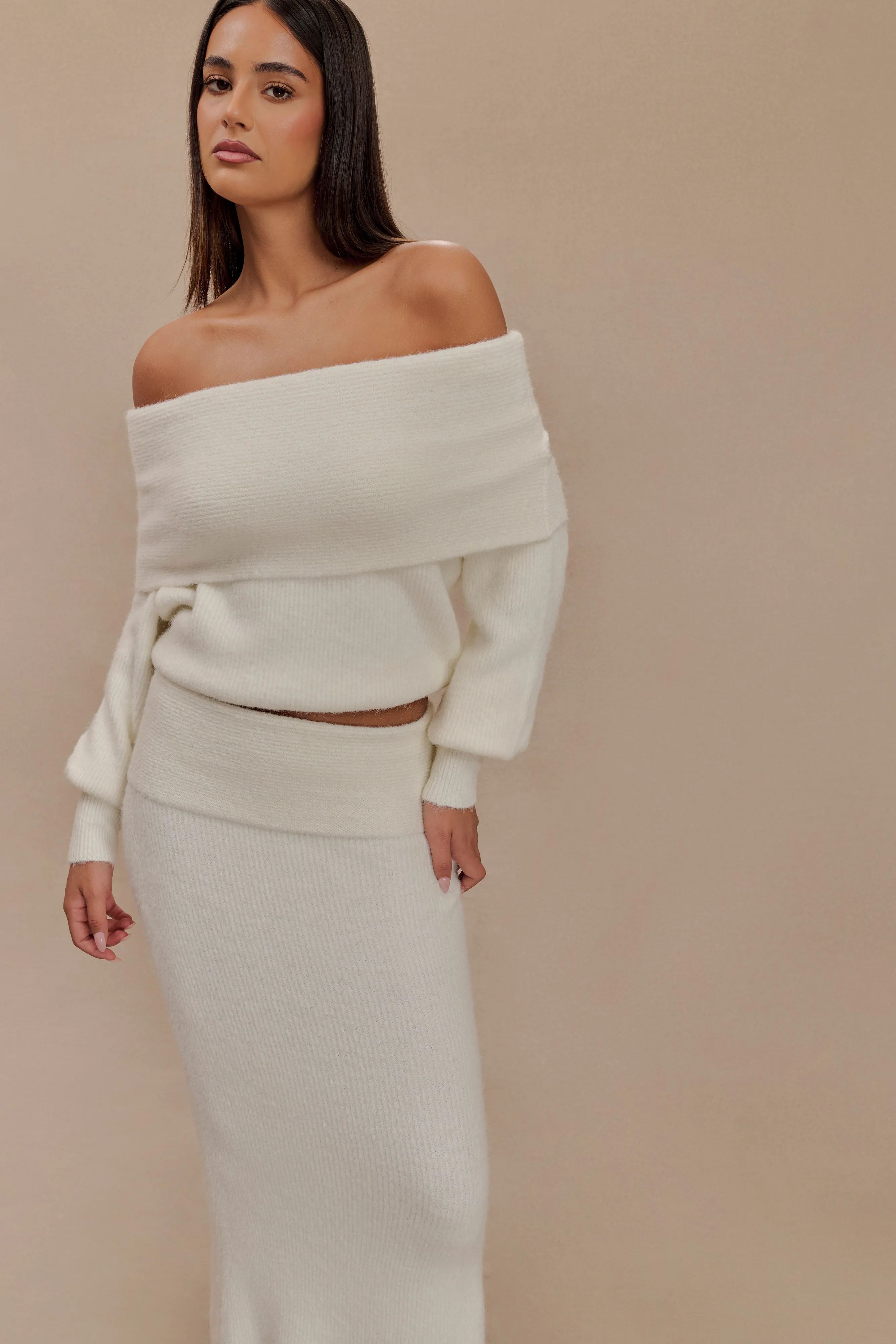 Charlotte Off Shoulder Knit Long Sleeve Top - Ivory