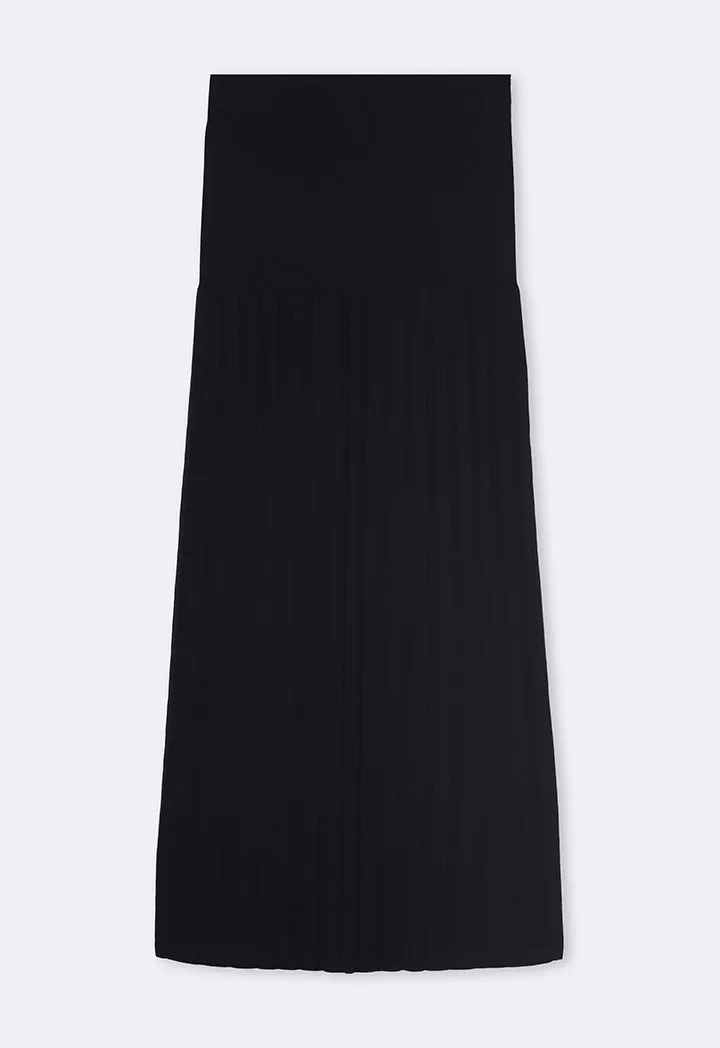 Choice Solid Knitted Pleated Maxi Skirt Black