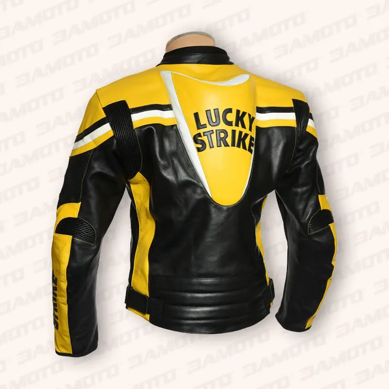 Classic Yellow & Black Lucky Strike Leather Motorcycle Jacket