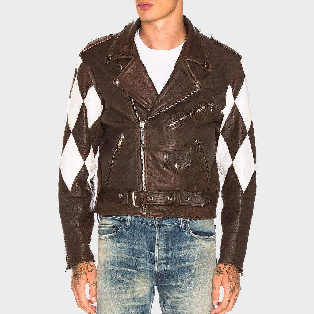 Color Block Lambskin Moto Leather Jacket