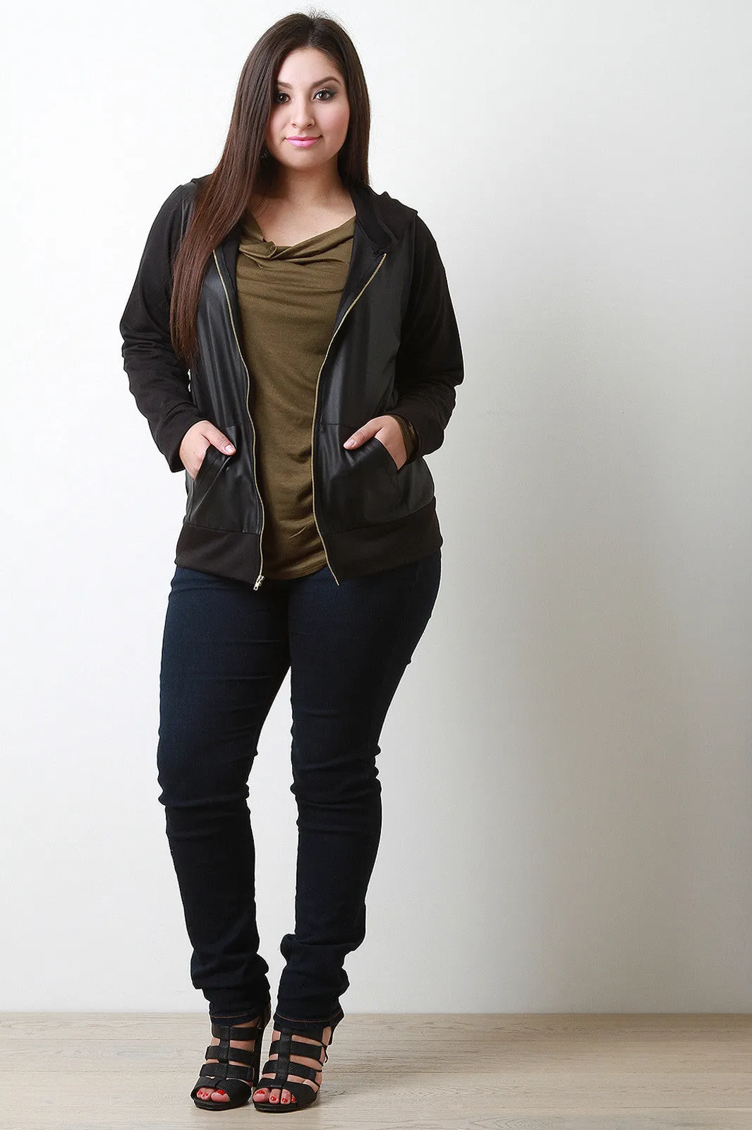 Combined Faux Leather And Jersey Knit Jacket