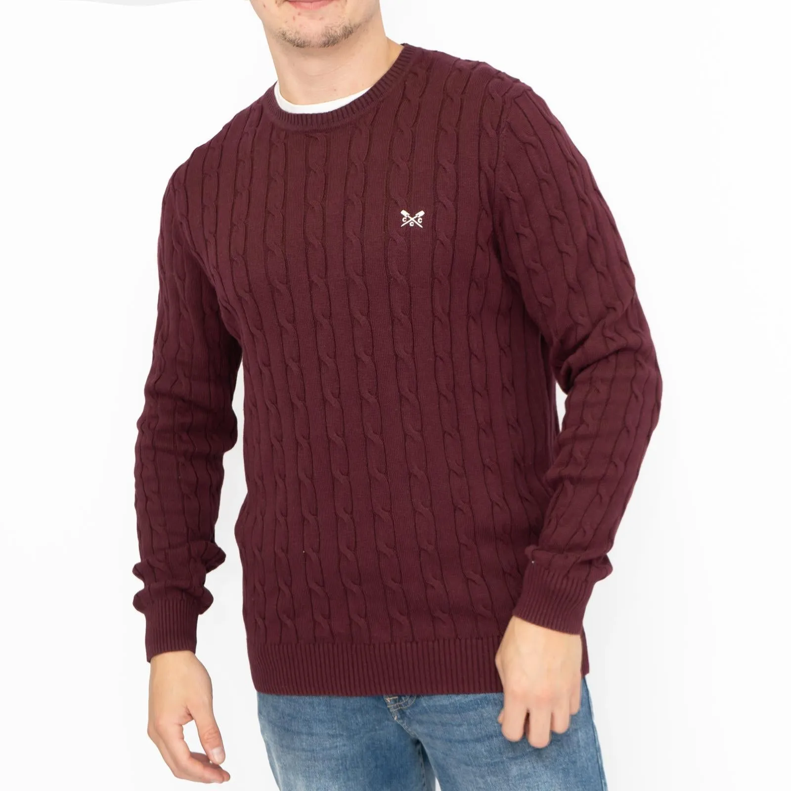 Crew Clothing Mens Oarsmen Cable Knit Jumper Burgundy