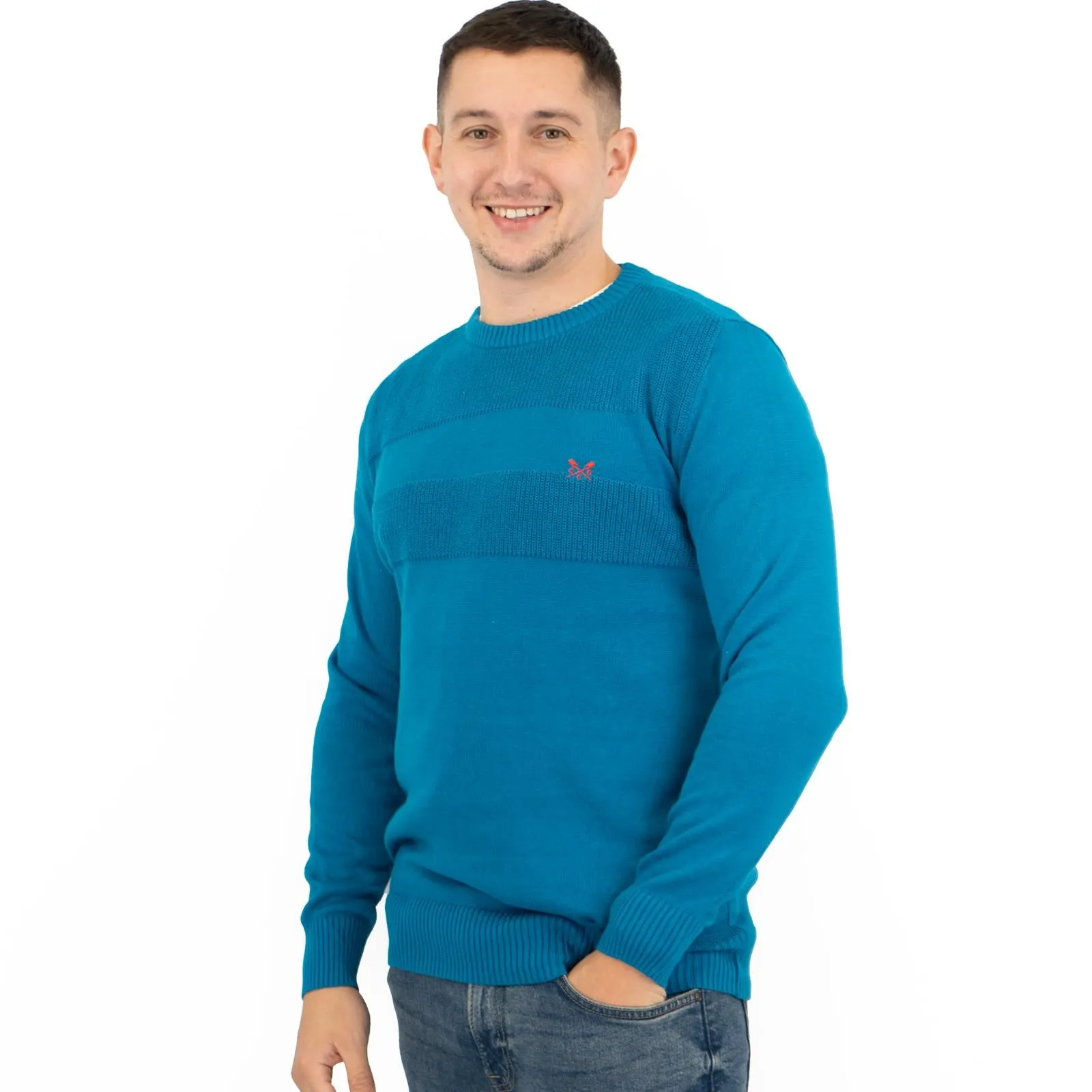 Crew Clothing Mens Rib Knitted Jumper Long Sleeve Blue