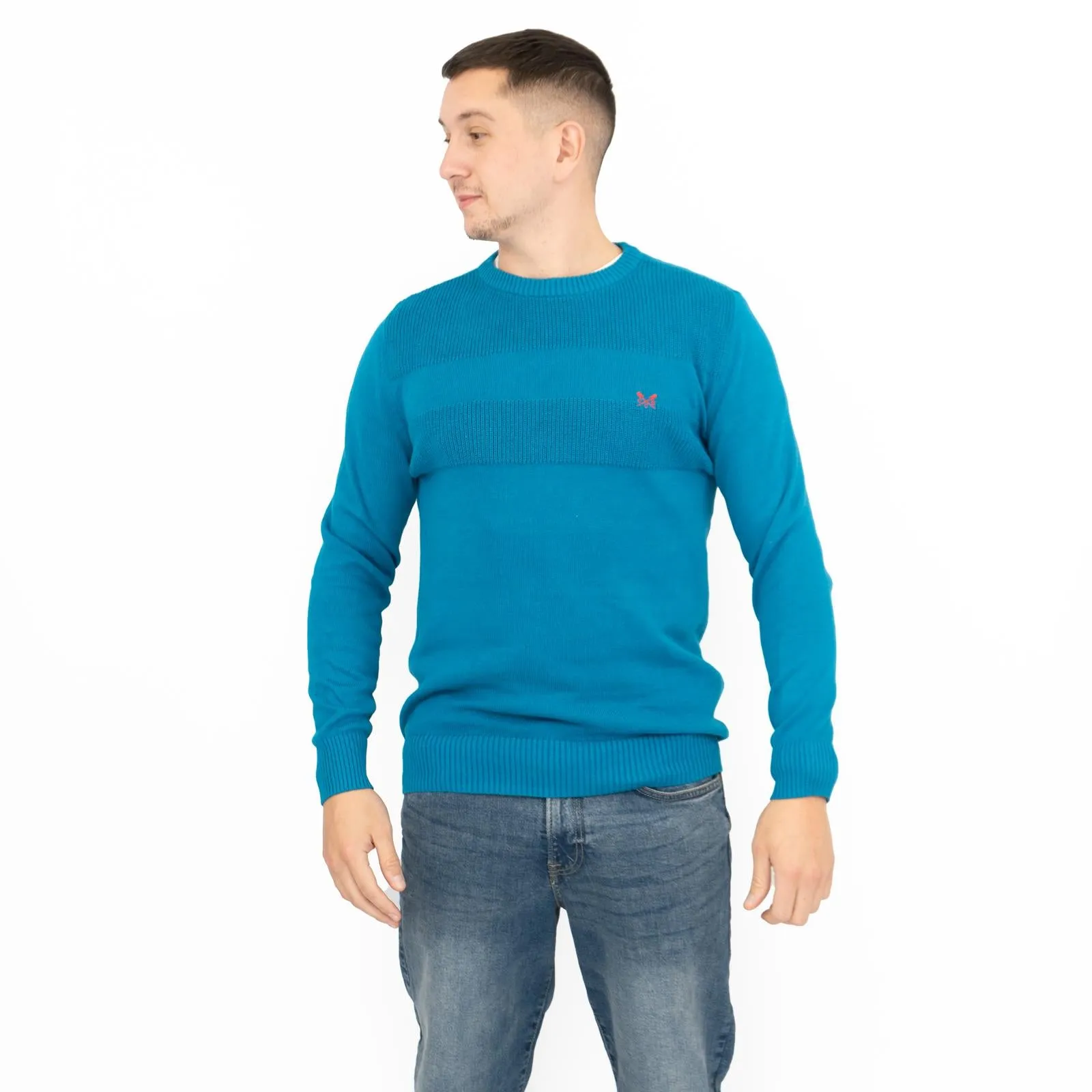 Crew Clothing Mens Rib Knitted Jumper Long Sleeve Blue