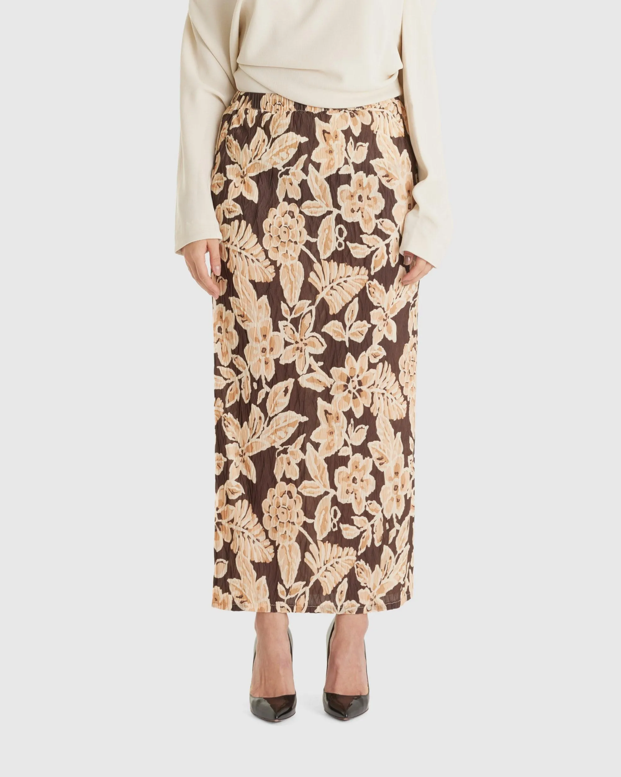 Crinkle Maxi Skirt Brown Flowers