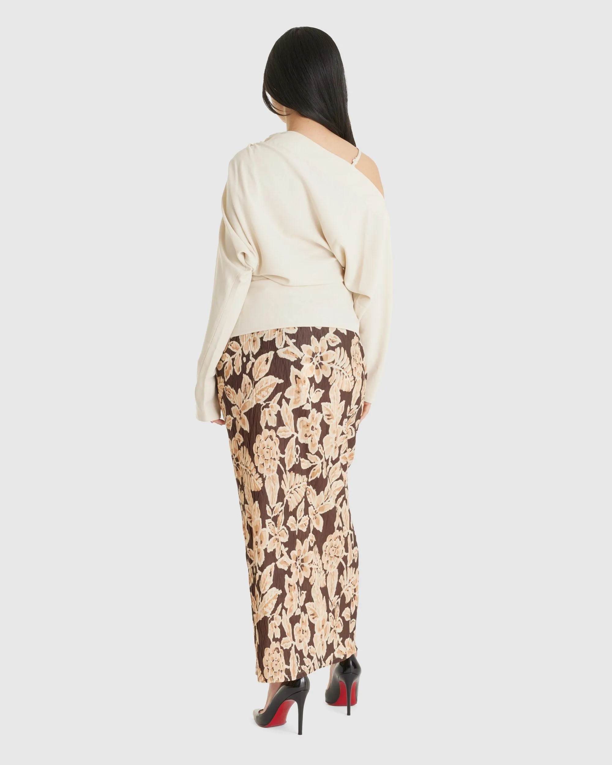 Crinkle Maxi Skirt Brown Flowers