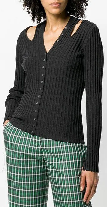 Cut-Out Ribbed Cardigan, Black