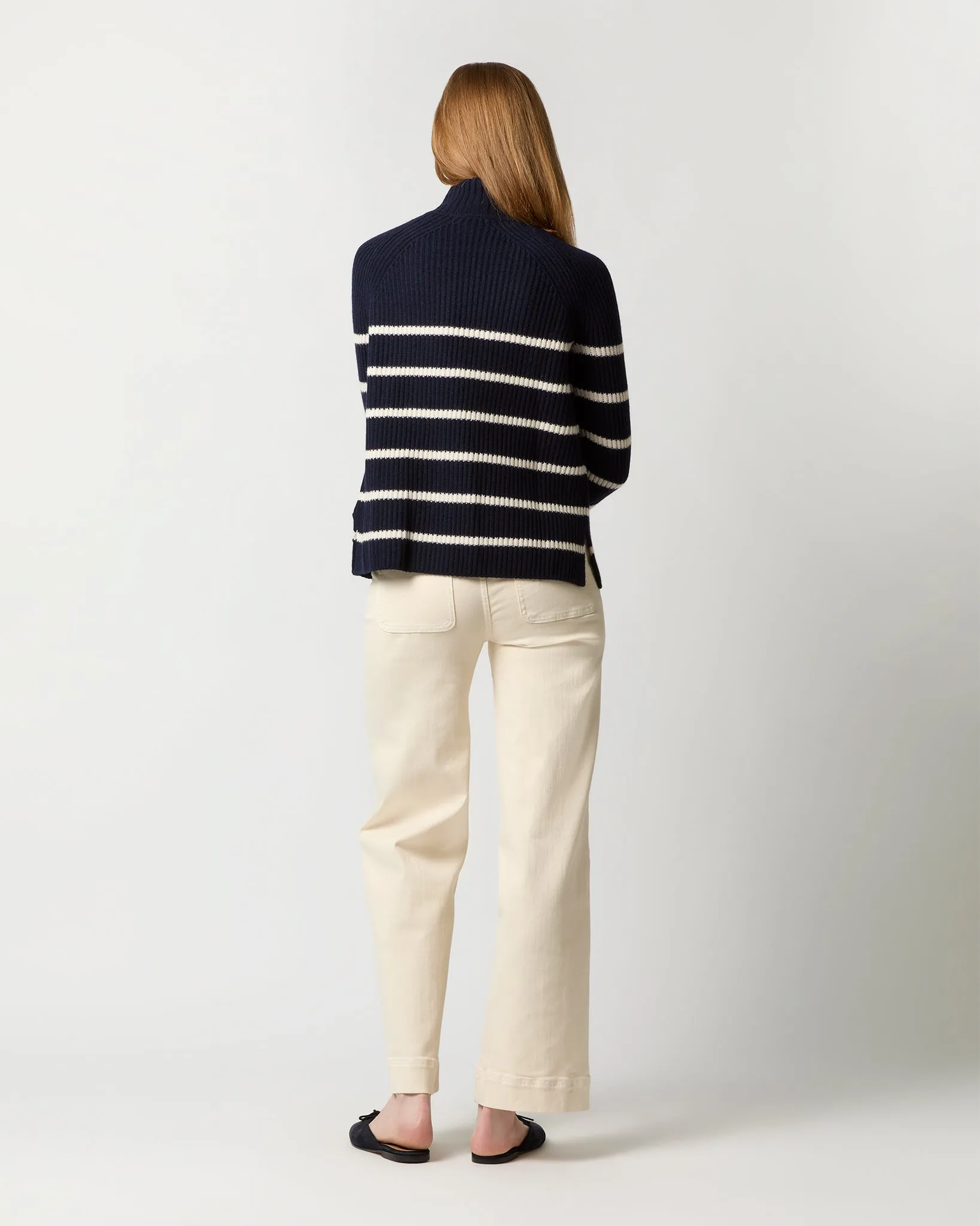 Dana Shaker-Stitch Turtleneck Sweater in Navy/Crème Stripe Cashmere