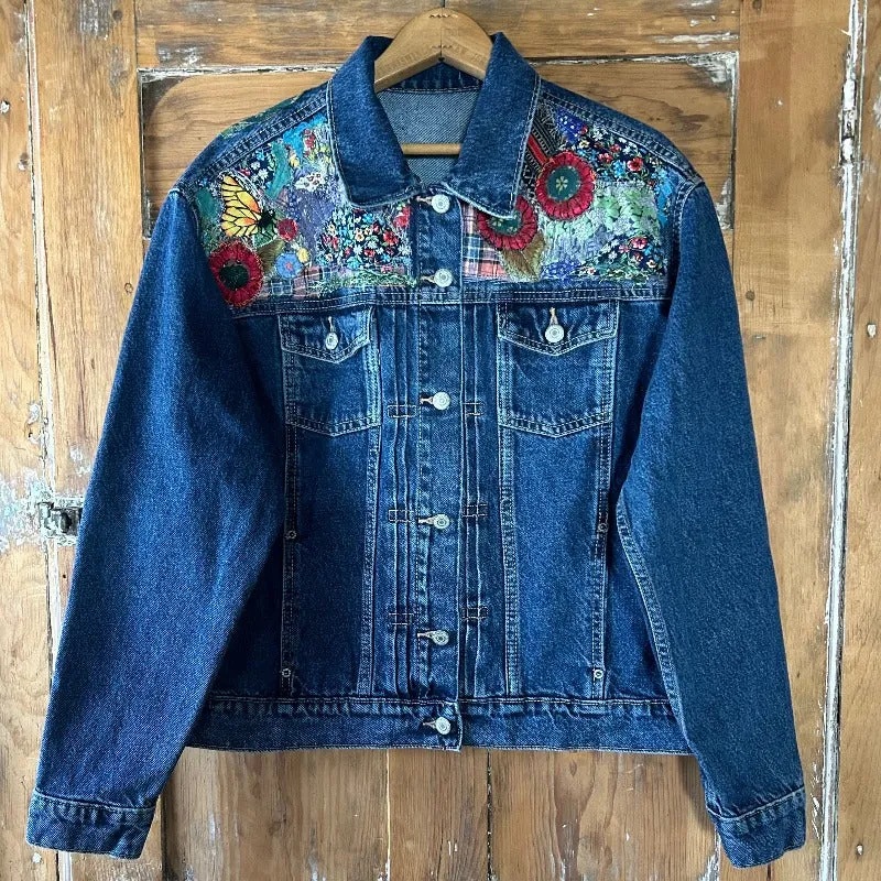 Denim Jacket with Flowers, Butterflies, and Bees