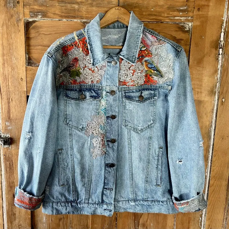 Denim Jacket with Fox gathering mushrooms