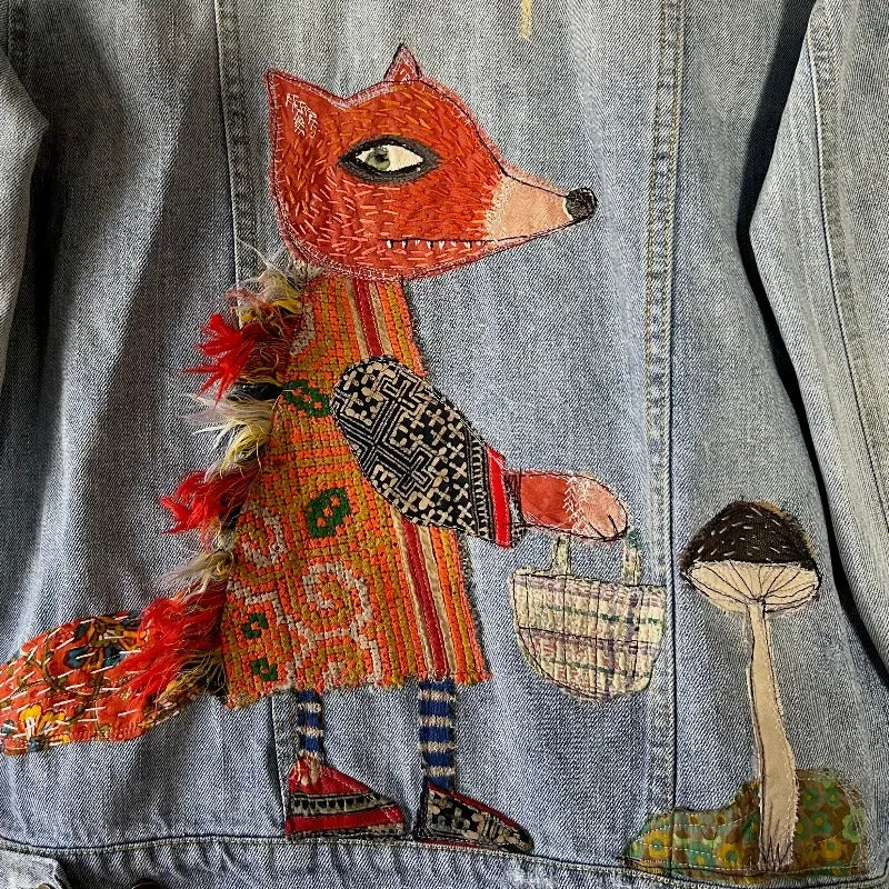 Denim Jacket with Fox gathering mushrooms