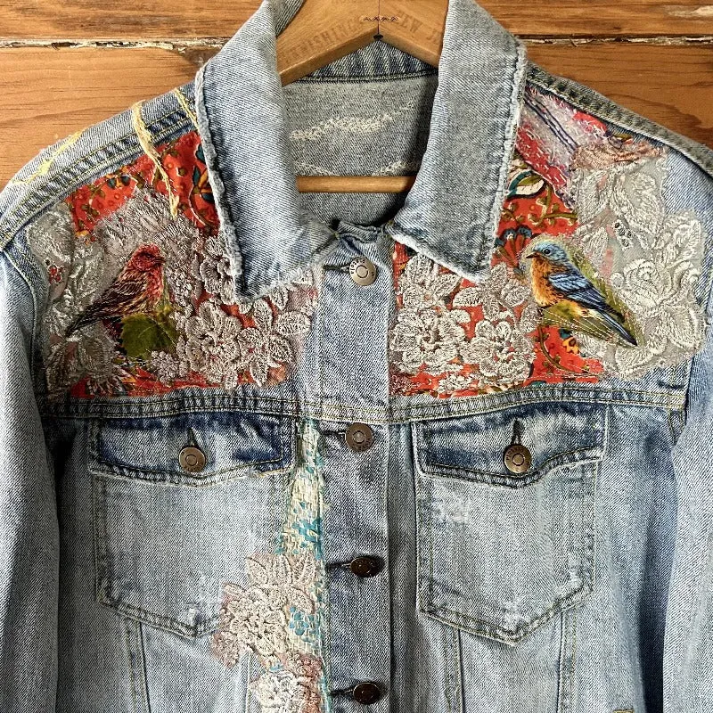 Denim Jacket with Fox gathering mushrooms