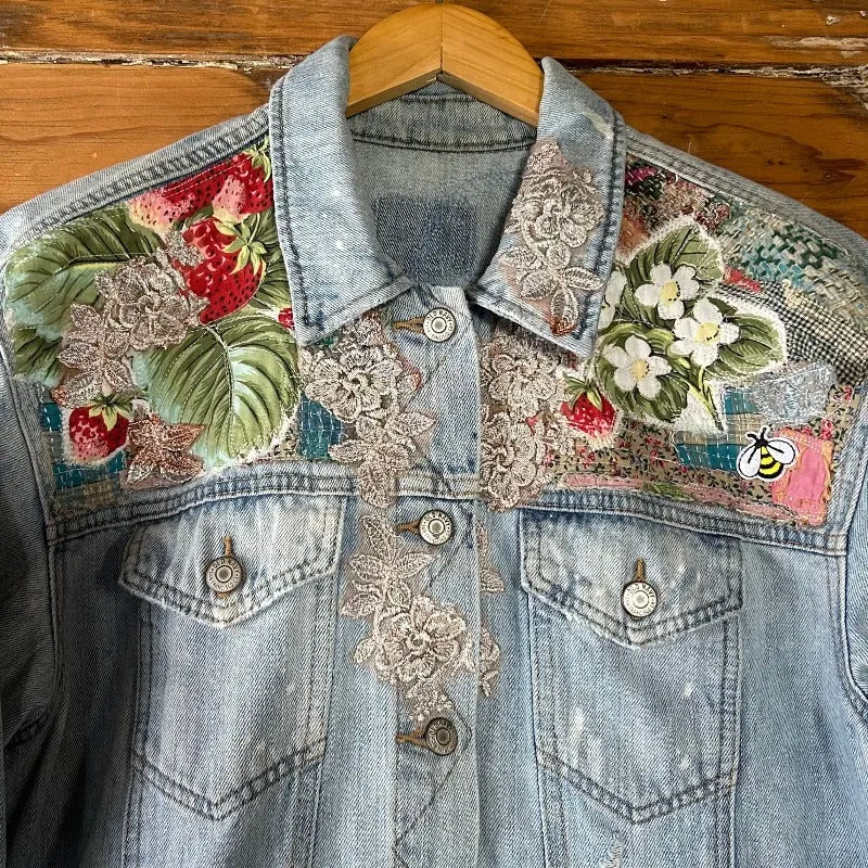 Denim Jacket with Fox gathering strawberries