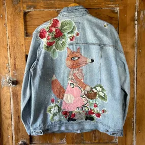 Denim Jacket with Fox gathering strawberries