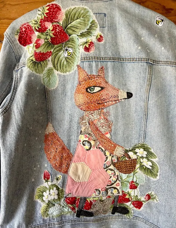 Denim Jacket with Fox gathering strawberries