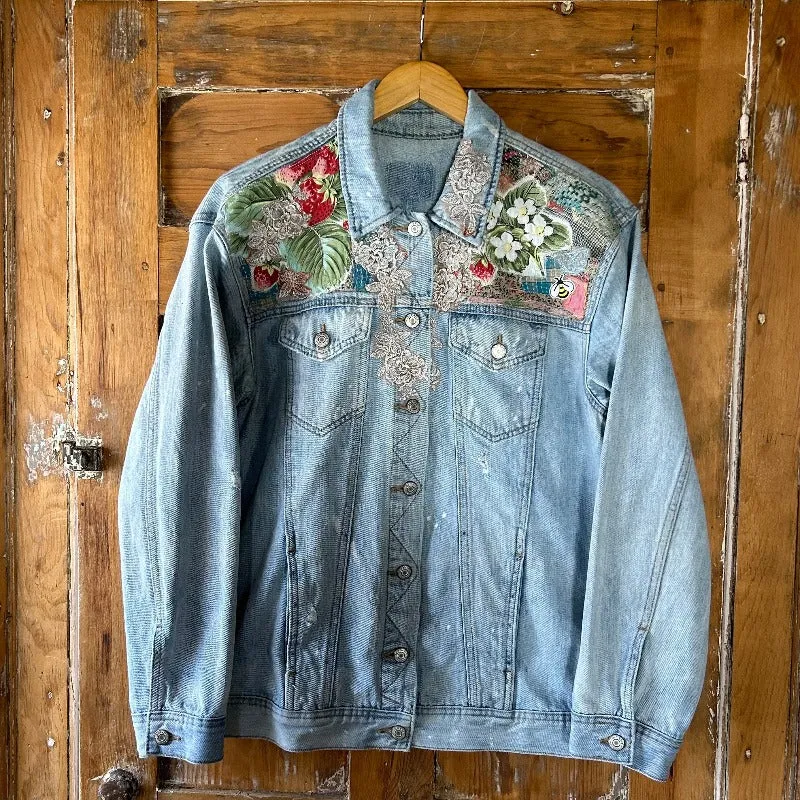 Denim Jacket with Fox gathering strawberries