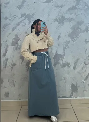 Drawstring Denim Maxi Skirt