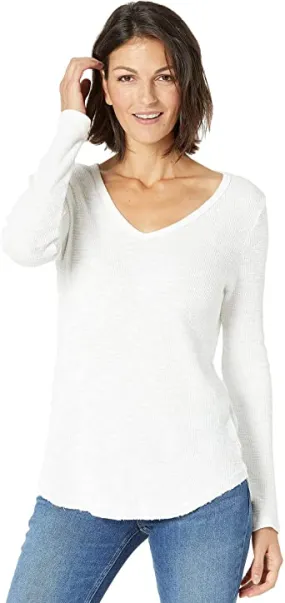 Dylan Slub Cotton Long Sleeve Deep V-Neck Tee White