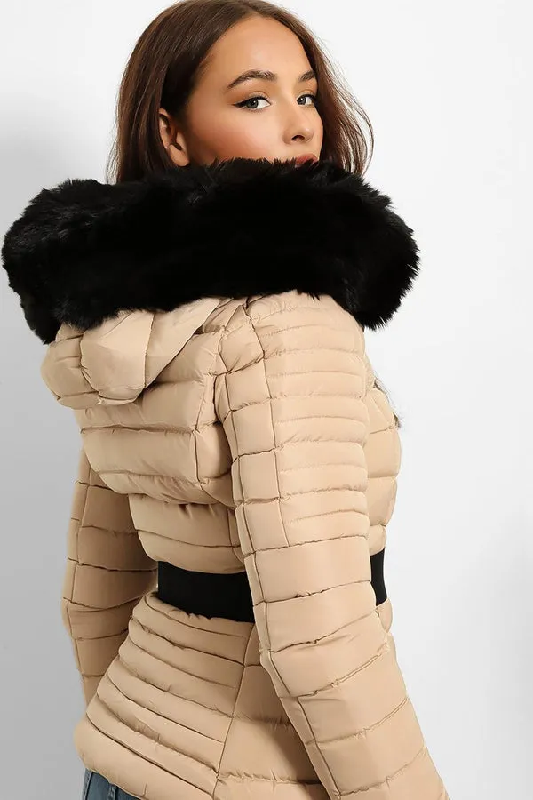 FAUX FUR HOODED BEIGE PADDED JACKET WITH ELASTIC BUCKLE BELT