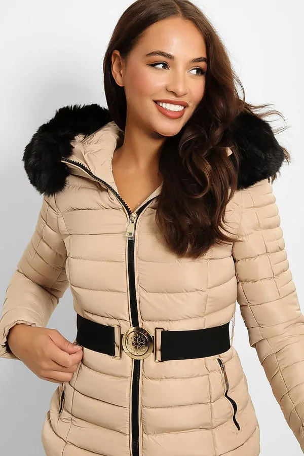 FAUX FUR HOODED BEIGE PADDED JACKET WITH ELASTIC BUCKLE BELT