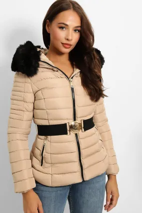 FAUX FUR HOODED BEIGE PADDED JACKET WITH ELASTIC BUCKLE BELT